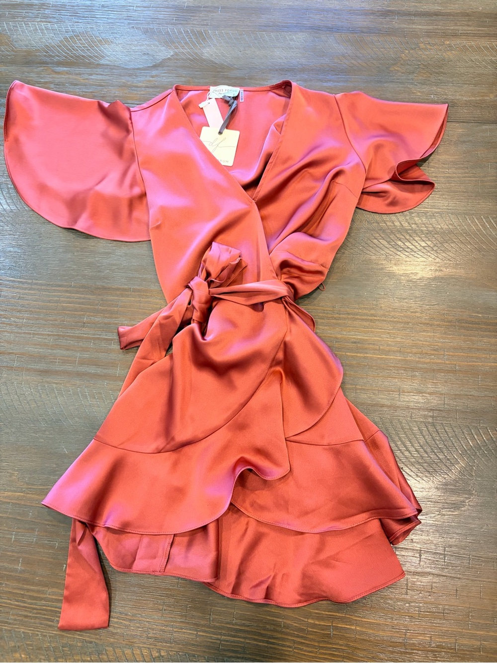 Dress Forum Coral Wrap Mini Dress with Ruffle Hem